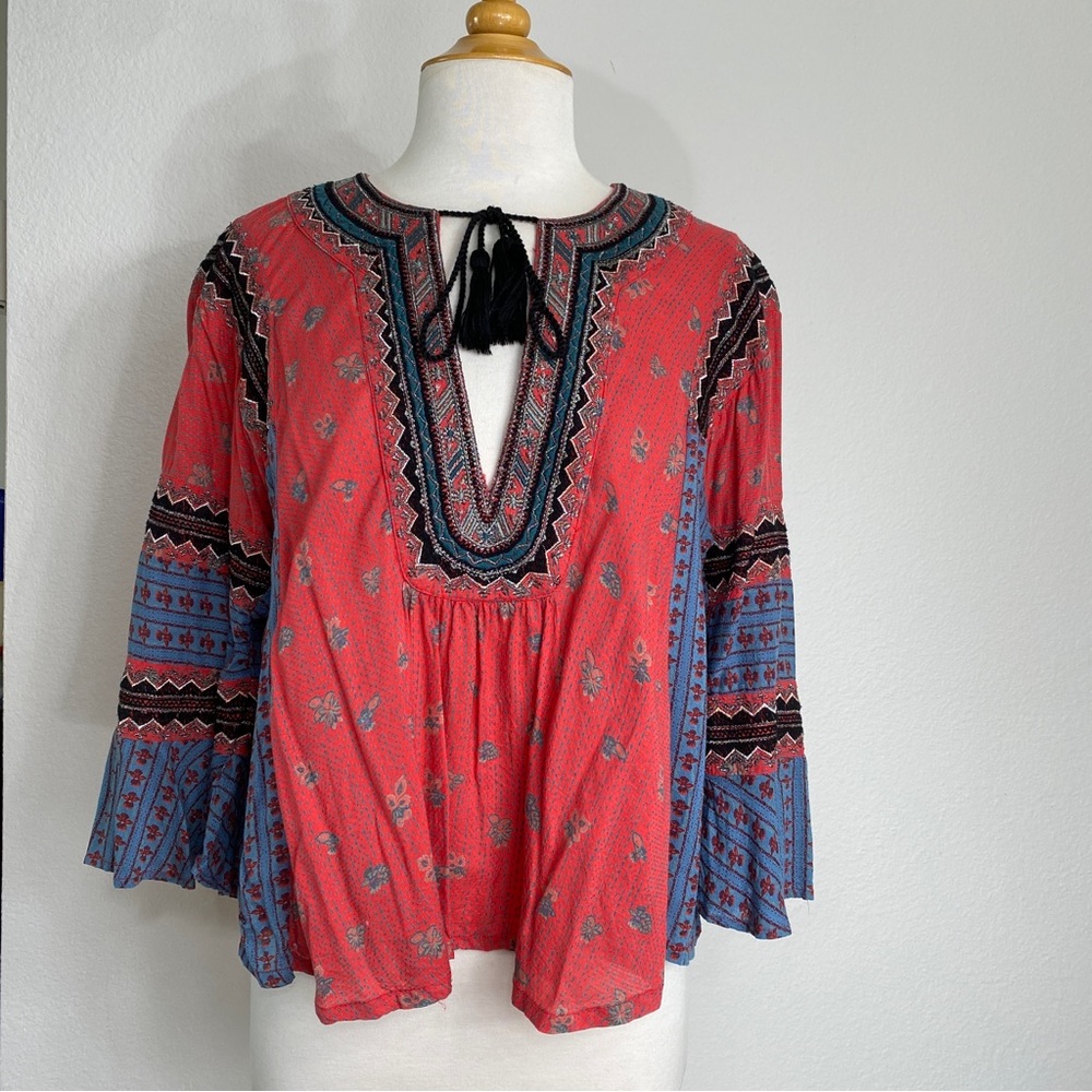 Free People Red Blue Aztec Embroidered Oversize Blouse Size Small Boho Hippie